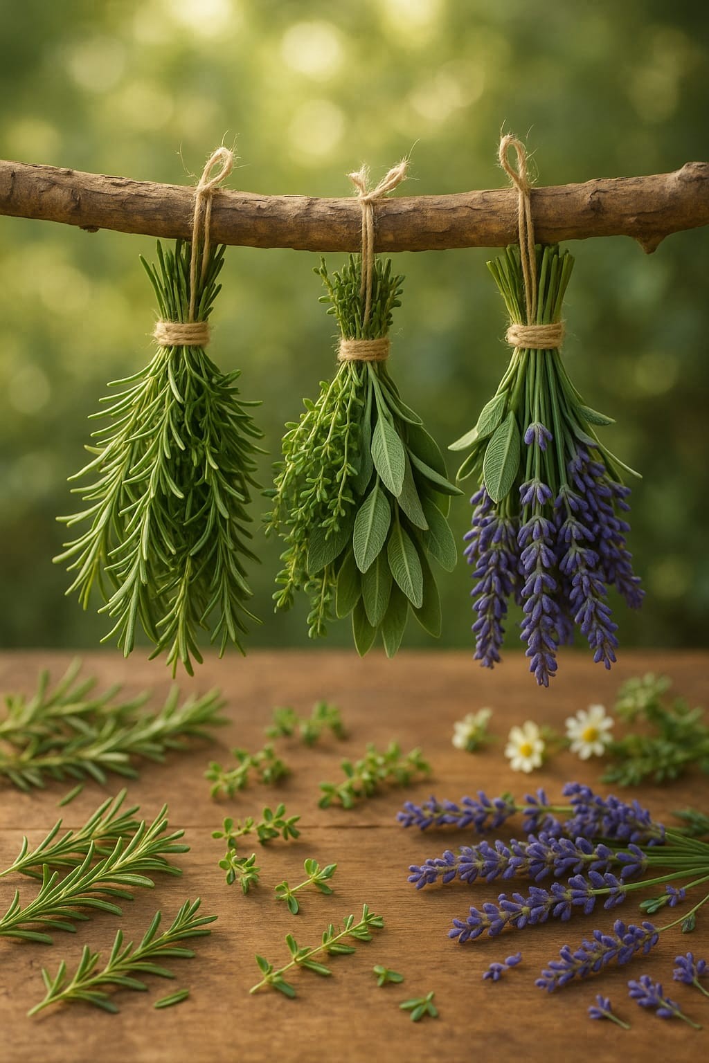 Szárított levendula, rozmaring és zsálya csokrok felakasztva