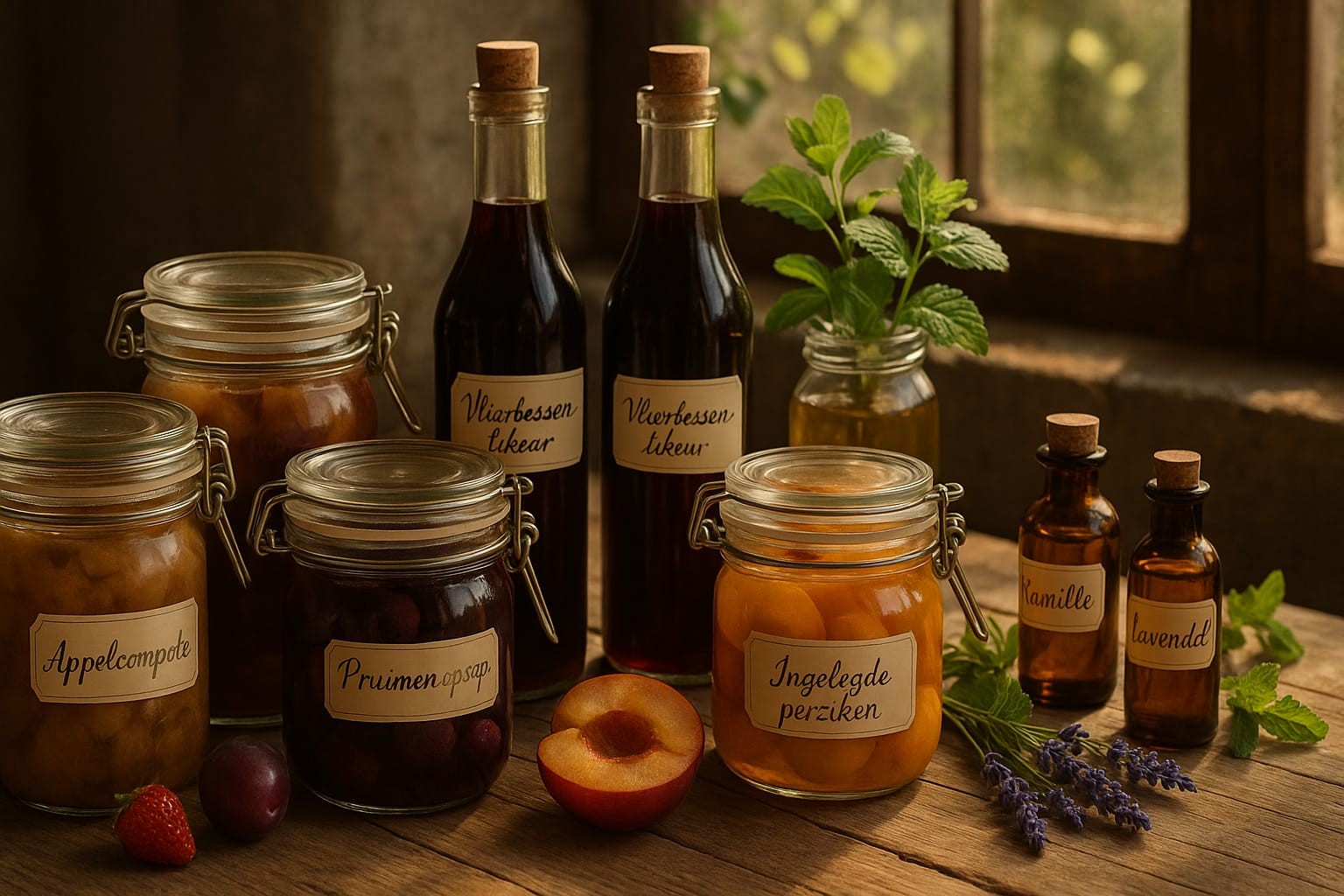 Palackok és üvegek házi készítésű gyógynövénylikőrrel és tartósított gyümölcsökkel