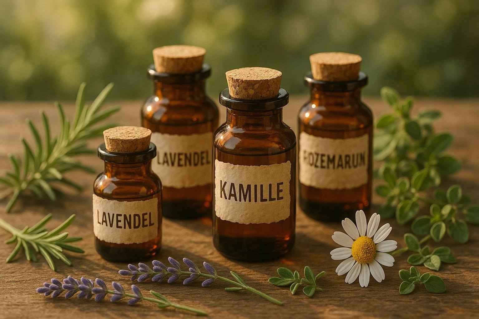 Borostyánszínű üvegcsék levendula, kamilla és rozmaring felirattal