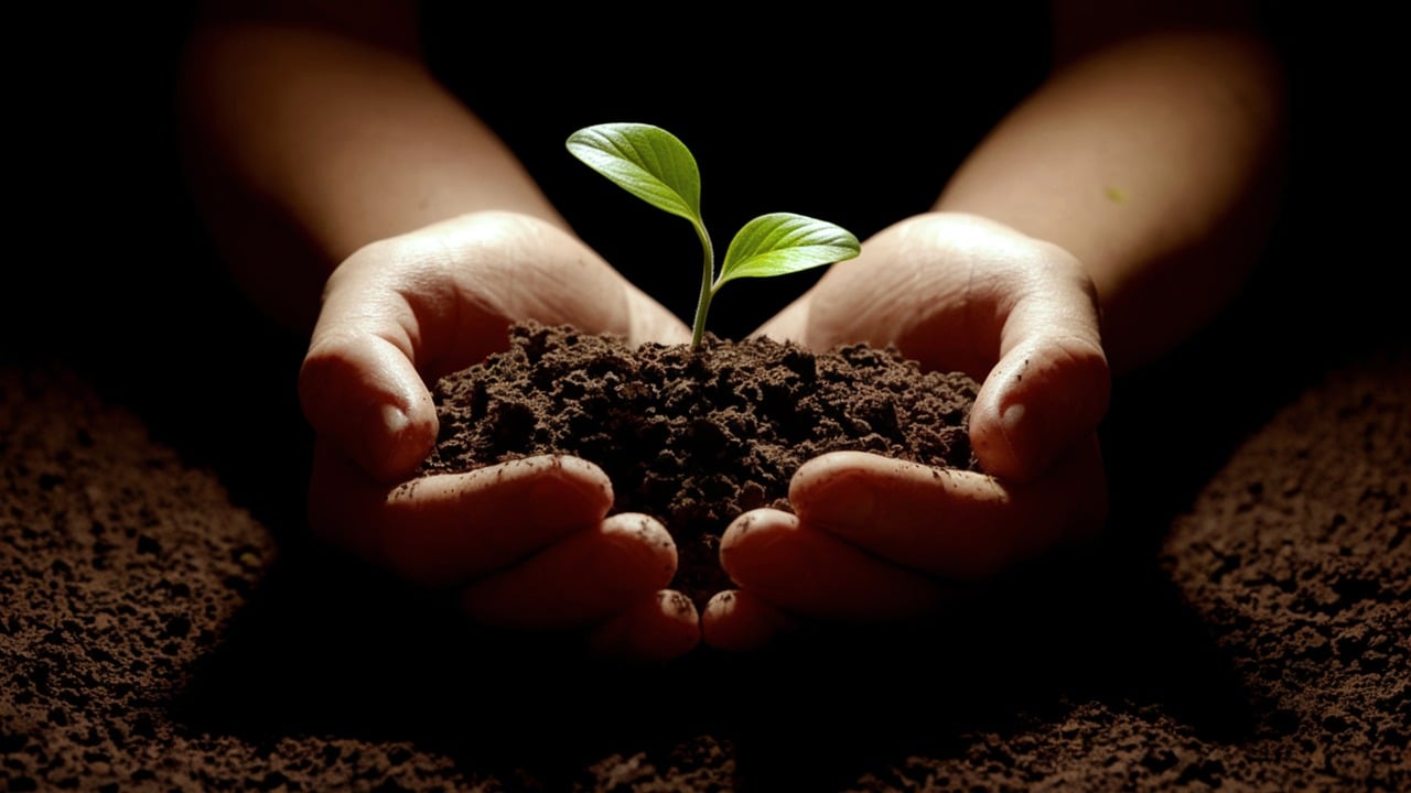 Egy kéz vízcseppeket ejt egy fiatal növényre a termékeny földben